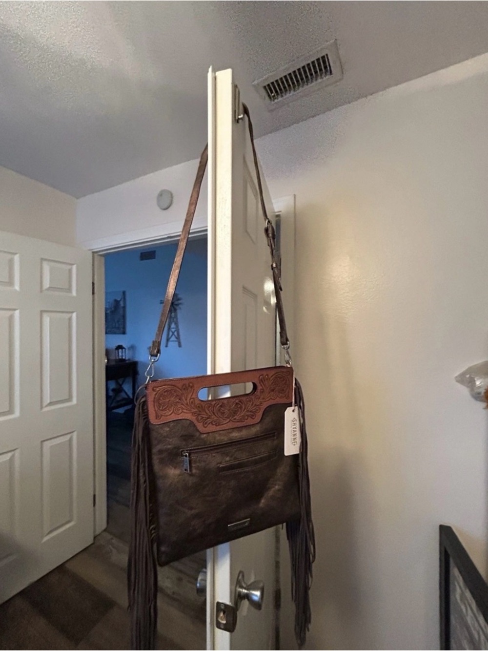Fringe Crossbody Bag with Tooled Trim - Brown